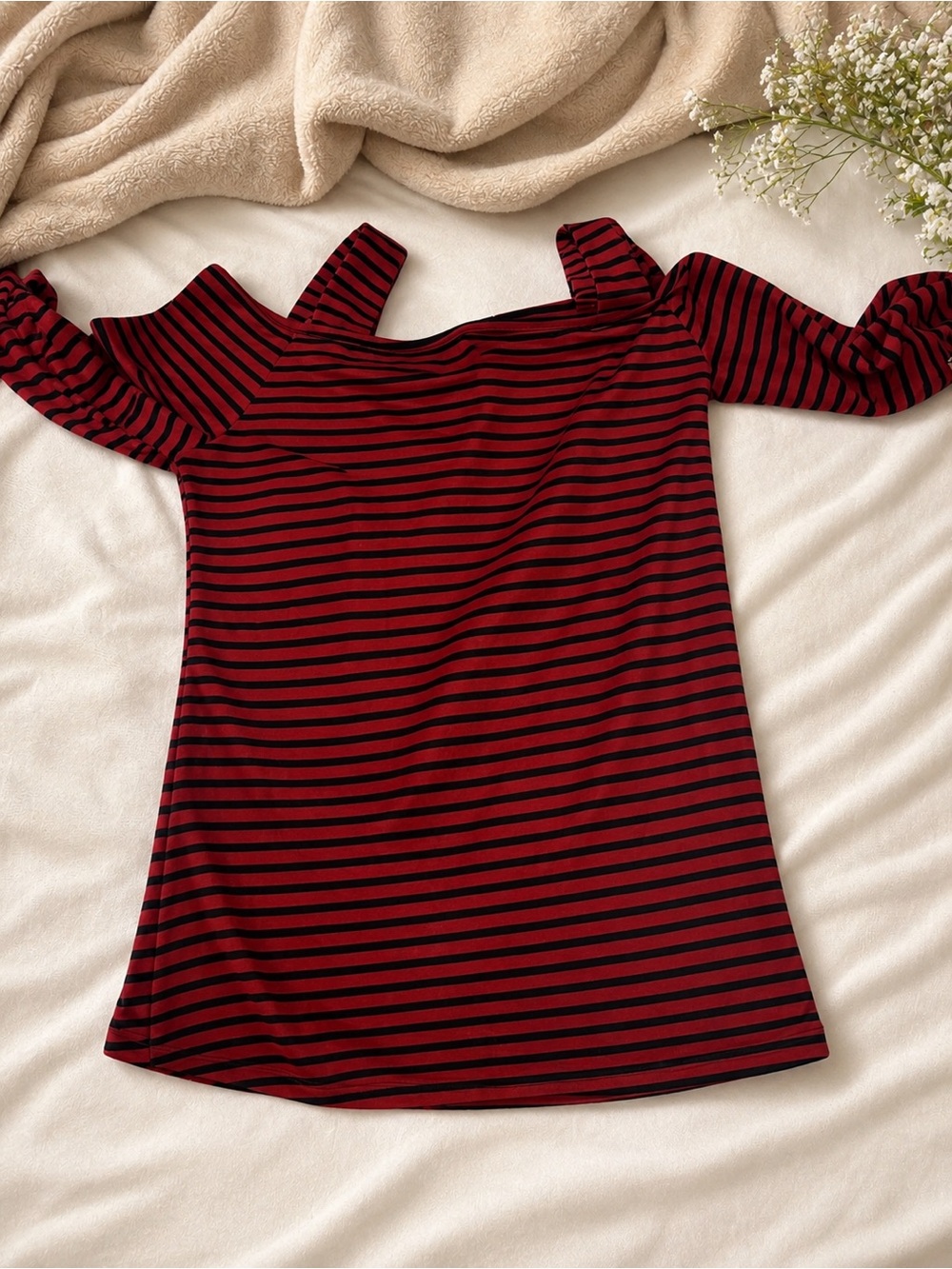 Papaya Red and Black Striped Cold-Shoulder Long Sleeve Tee